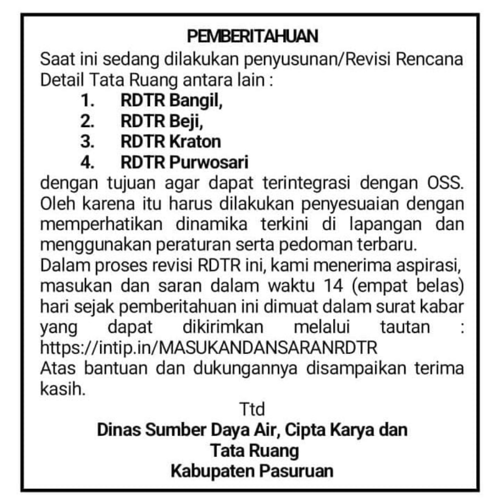 Dinas SDA Kabupaten Pasuruan Butuh Saran dan Masukan Revisi RDTR, Nih!
