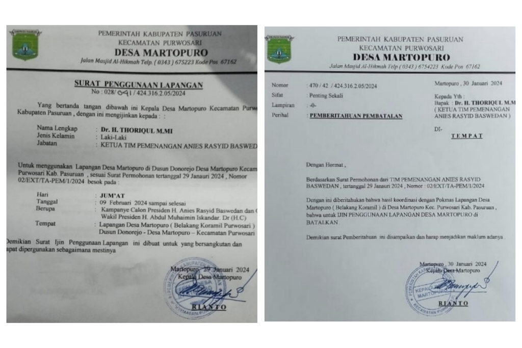 Takut Rusak, Pemdes Batalkan Izin Kampanye AMIN di Lapangan Martopuro Pasuruan